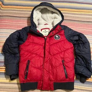 Abercrombie Kids Red Navy Puffer Jacket Hooded Sherpa‎ Lined Boys Girls 11 12